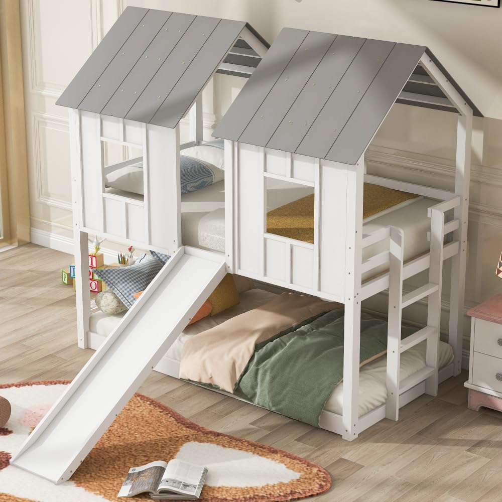 White Twin Over Twin Bunk Bed with Slide and Windows P644843