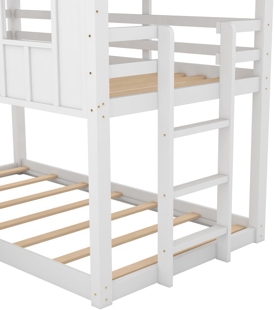 White Twin Over Twin Bunk Bed with Slide and Windows P644843