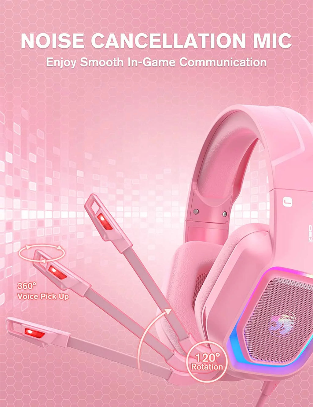 Pink Wired Over-Ear Gaming Headset with Noise Canceling Microphone V229395