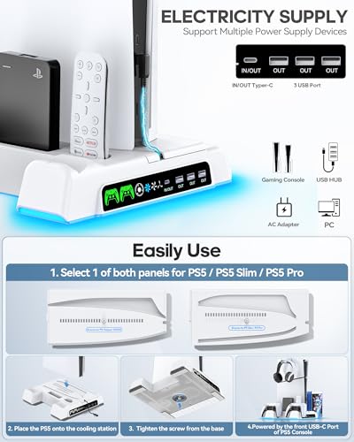 PS5 Stand with Dual Controller Charging Station and 3-Level Fan R617190