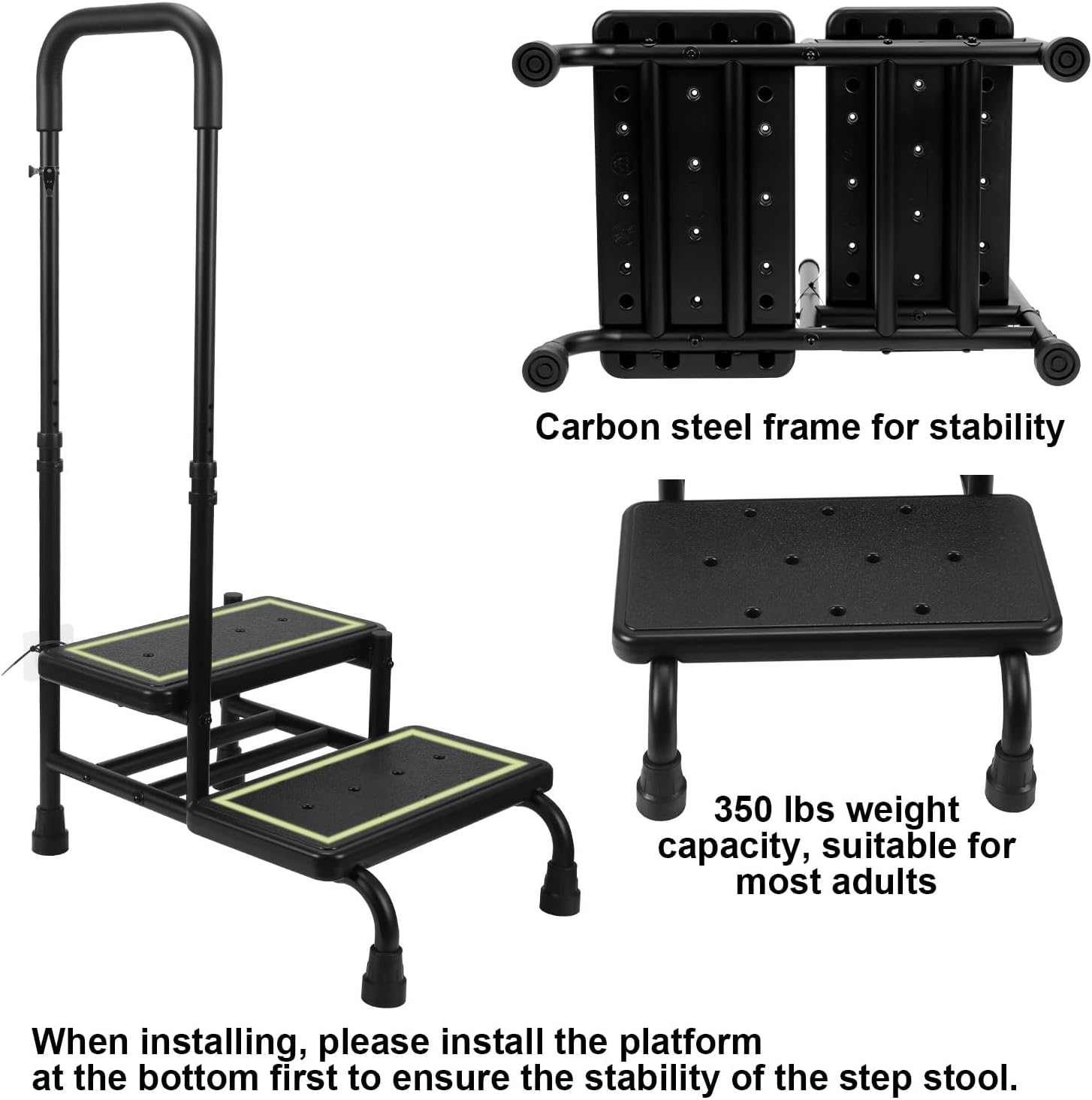 2 Step Stool with Handle, Heavy Duty Step Stool with 4 Fixing Buckle and Adjustable Handrail J413