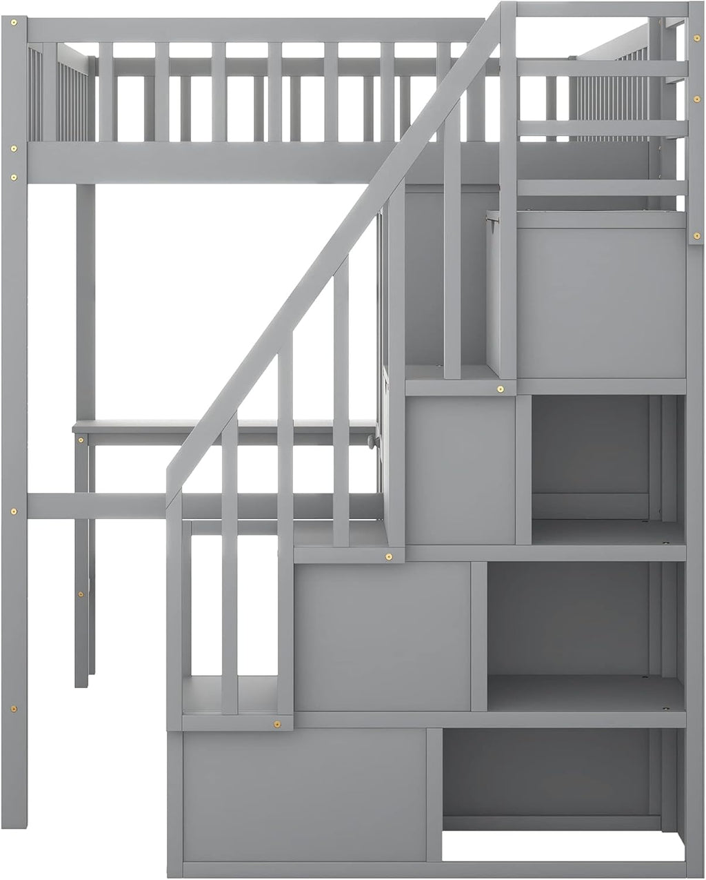 Gray Solid Wood Loft Bed with Stairs Desk Bookshelf Storage Drawers Wardrobe O72796