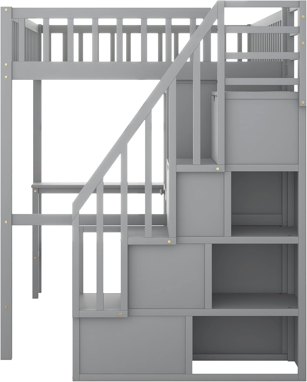 Gray Solid Wood Loft Bed with Stairs Desk Bookshelf Storage Drawers Wardrobe O72796