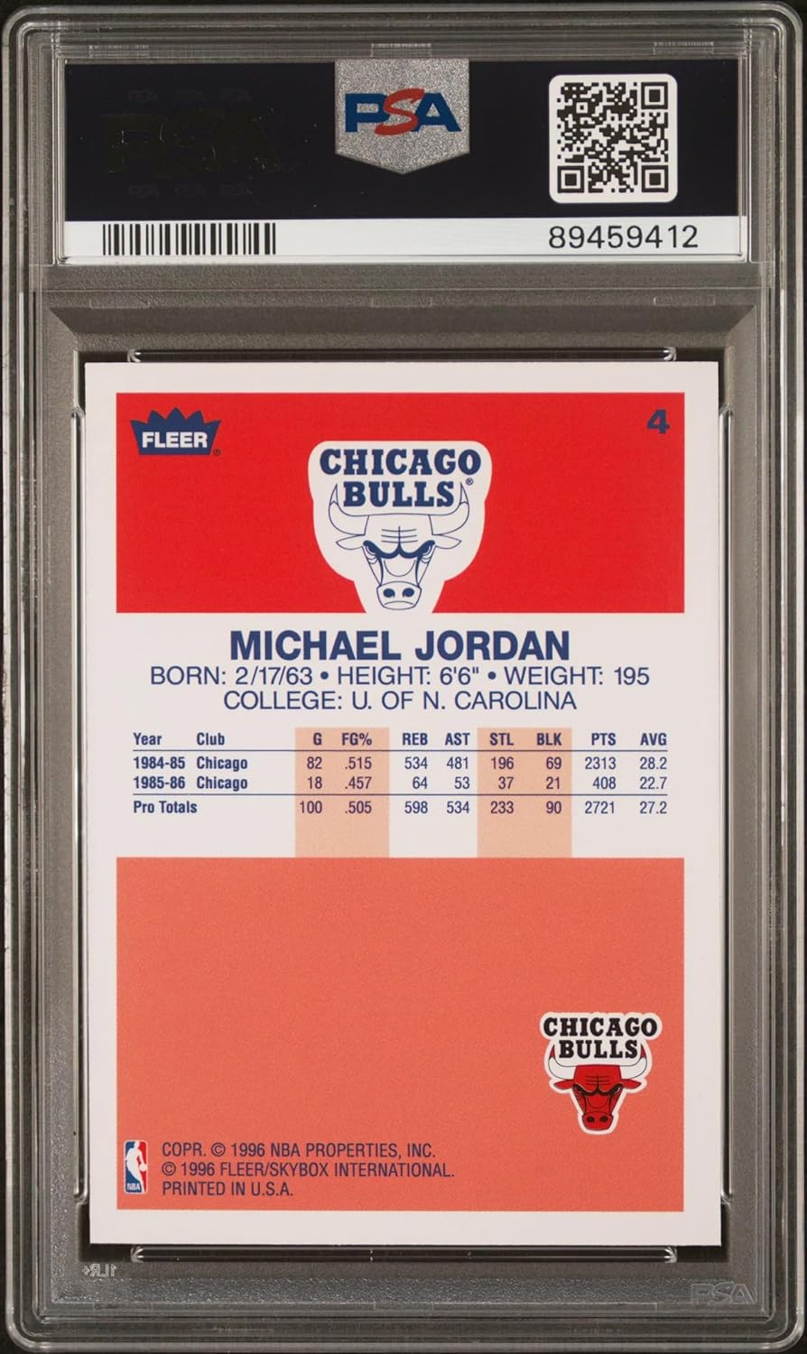 1996 Fleer Michael Jordan #4 Decade of Excellence Rookie Reprint Basketball Card PSA 9 Mint O748