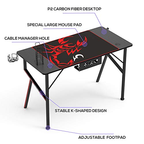 Black 47 Inch Gaming Desk with Mouse Pad Headset Hook Cup Holder Controller Stand P3167