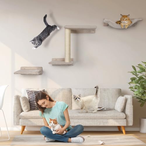 5 Pcs Wall-Mounted Cat Shelves with Sisal Scratcher Post H9401
