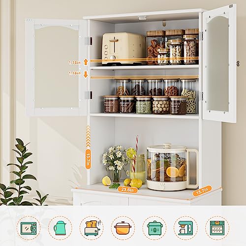 White Tall Storage Cabinet with Microwave Stand and Adjustable Shelves Q553