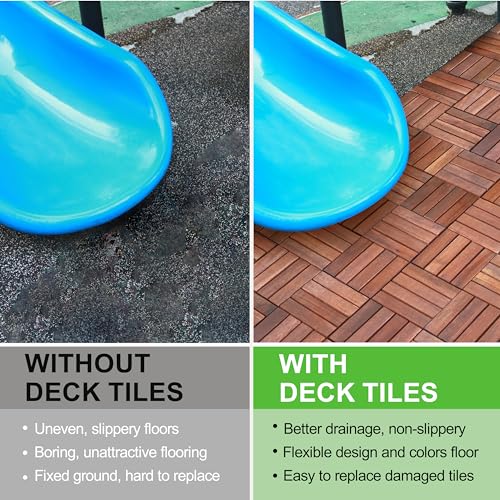 10 Pcs Interlocking Acacia Wood Patio Tiles, 12"x12", Teak D880273