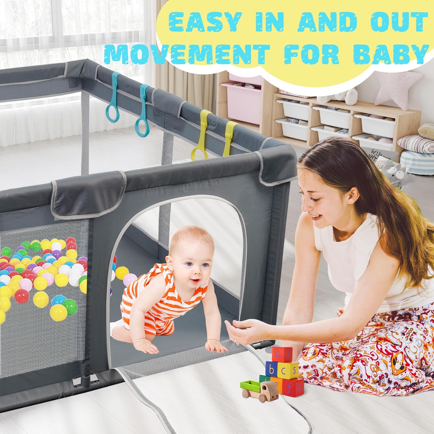 Large Square Baby Playpen with Breathable Mesh 50"x50" Grey L7090