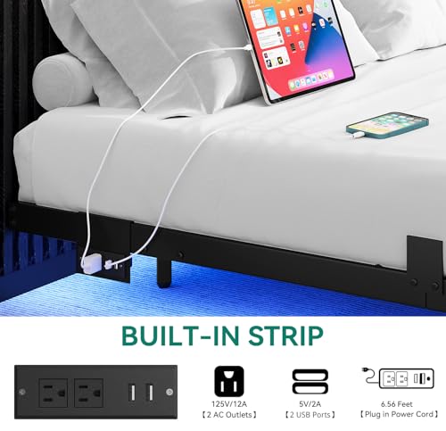 Black Metal Full Size LED Bed Frame with Charging Station S4471