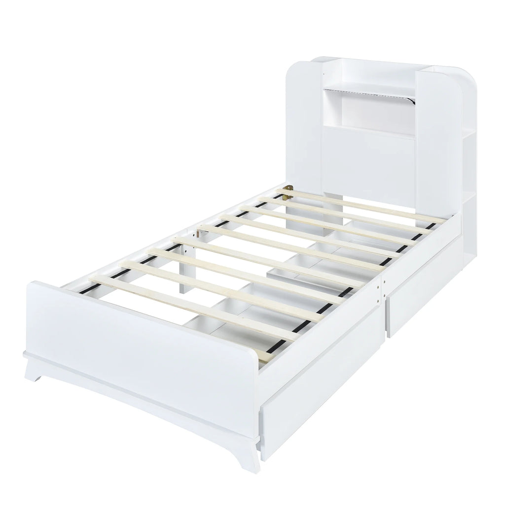 White Wood Twin Size Platform Bed with Storage Headboard and 2 Drawers B9876