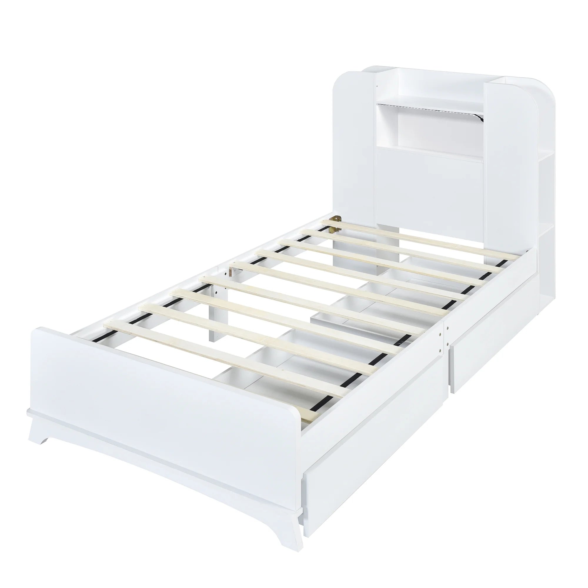 White Wood Twin Size Platform Bed with Storage Headboard and 2 Drawers B9876