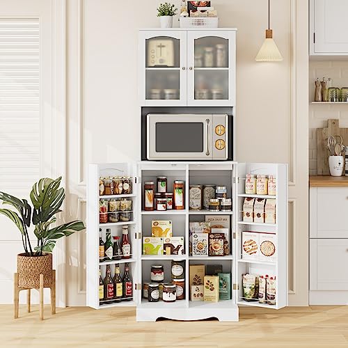White Tall Storage Cabinet with Microwave Stand and Adjustable Shelves Q553