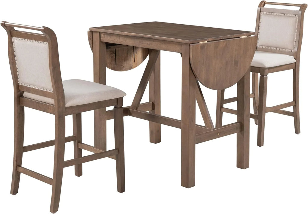 3 Piece Counter Height Drop Leaf Dining Table with 2 Padded Chairs, Brown F101