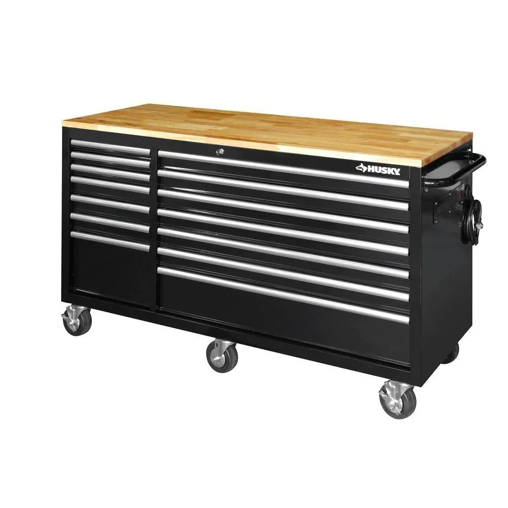 Black 14-Drawer Mobile Workbench with Solid Wood Top T254107
