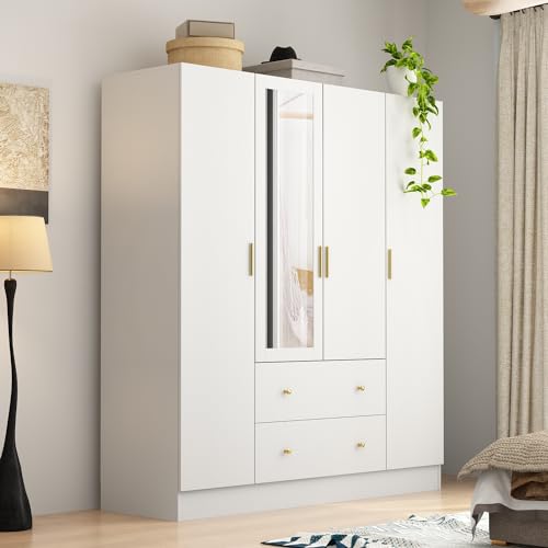 Black Brown 4-Door Armoire Wardrobe with Mirror, 2 Drawers, 2 Hanging Bars, 7 Shelves I639369