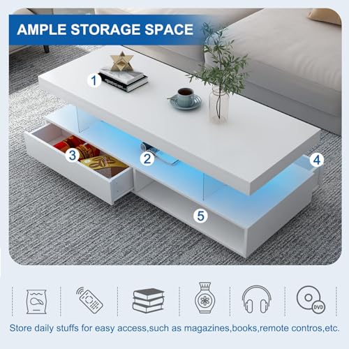 Black LED Coffee Table with Storage and Sliding Drawers Y819