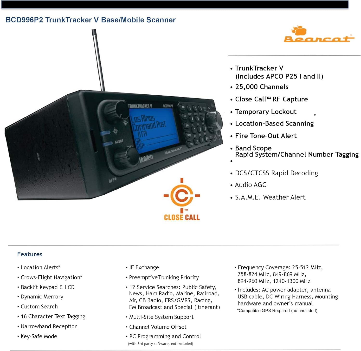 Digital Mobile TrunkTracker V Scanner, 25,000 Channels, Phase 2 U41052