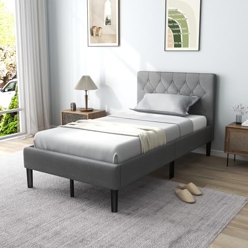 Grey Twin Upholstered Platform Bed with Button Tufted Headboard V38859