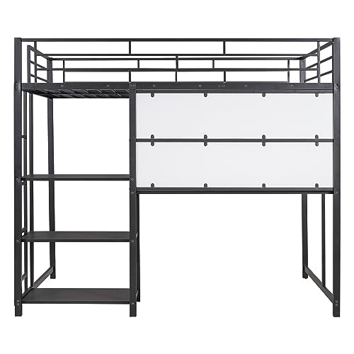 Black Full Size Metal Loft Bed Frame with Desk and Whiteboard W649536