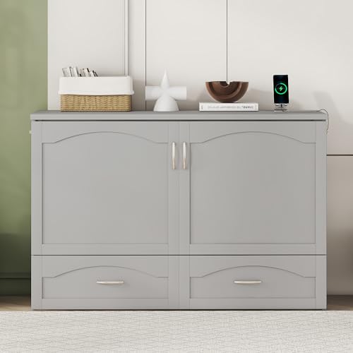 Queen Grey Solid Wood Murphy Bed with Drawer X629743