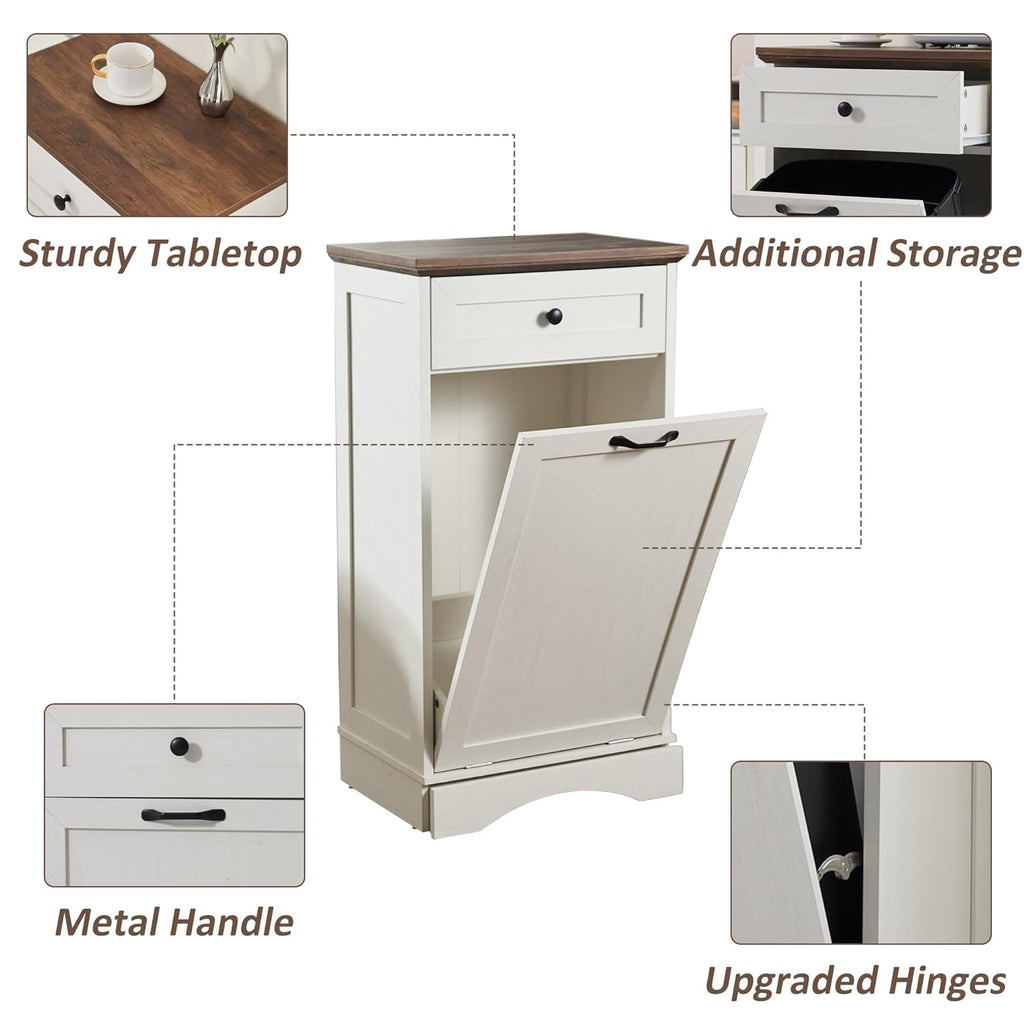 Antique White 13 Gallon Tilt Out Trash Cabinet with Drawer Wood F6301