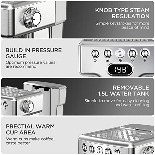 20 Bar Espresso Machine with Milk Frother Steam Wand, Stainless Steel B109