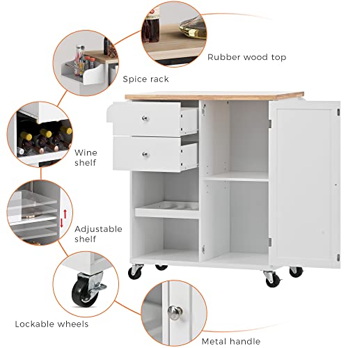 Kitchen Island Cart on Wheels with Storage, Rubberwood Top E22926