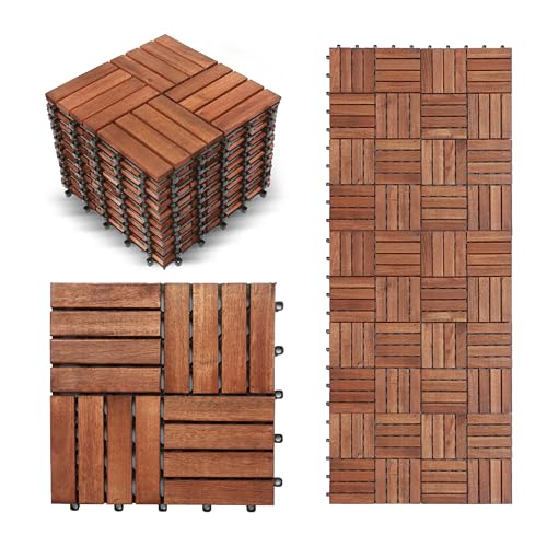 10 Pcs Interlocking Acacia Wood Patio Tiles, 12"x12", Teak D880273