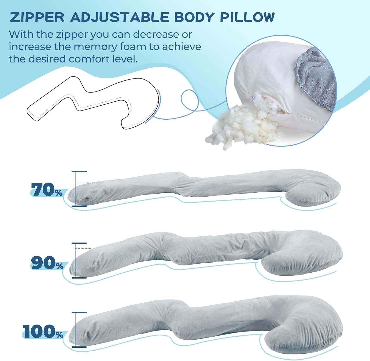 Grey Adjustable Shredded Memory Foam Body Pillow K2943