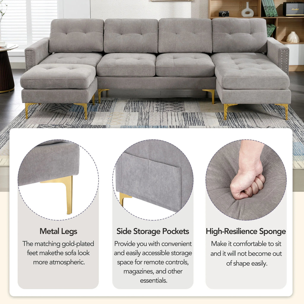 Gray 5 Seater U-Shaped Sectional Sofa with Ottoman, 110"x54" Q2776