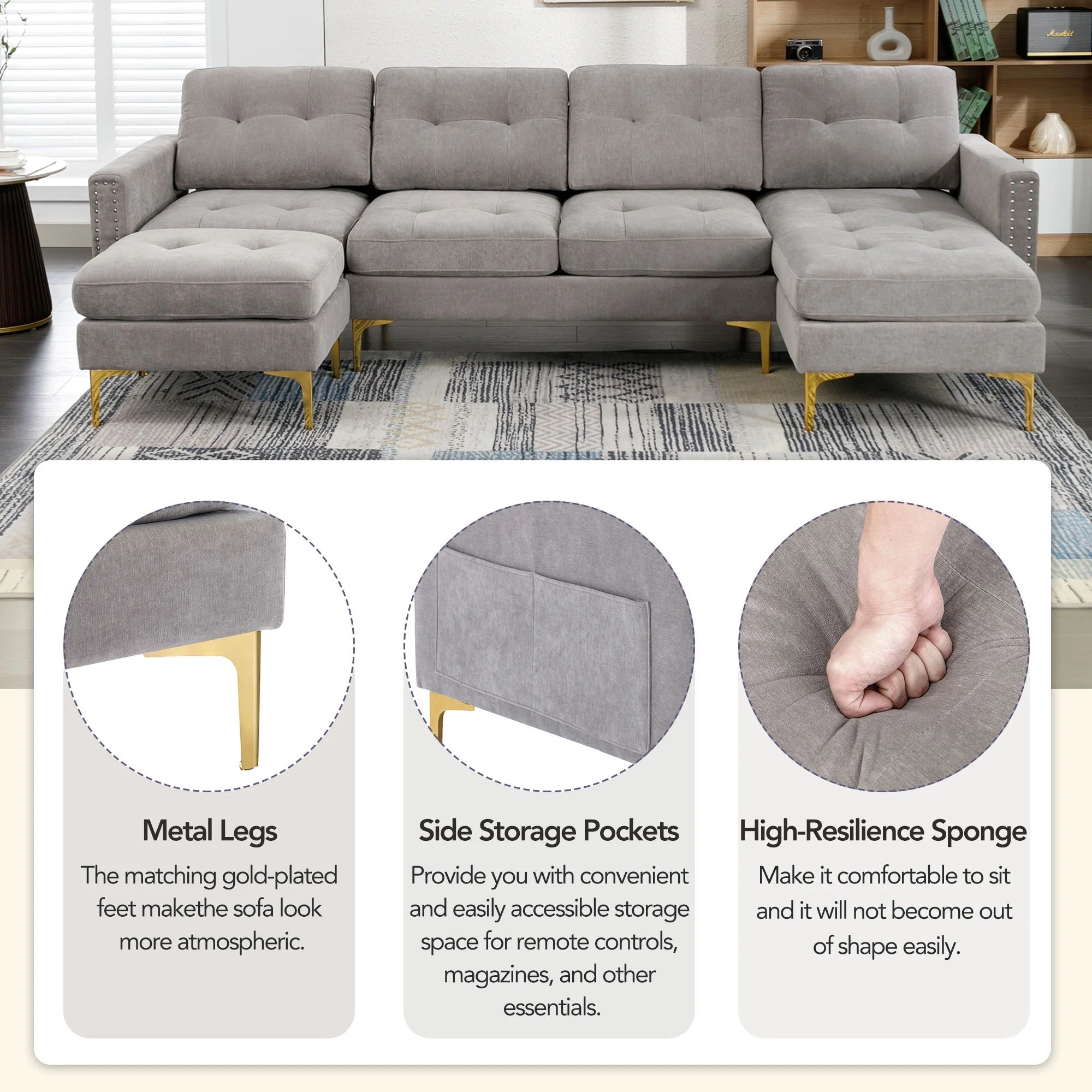 Gray 5 Seater U-Shaped Sectional Sofa with Ottoman, 110"x54" Q2776