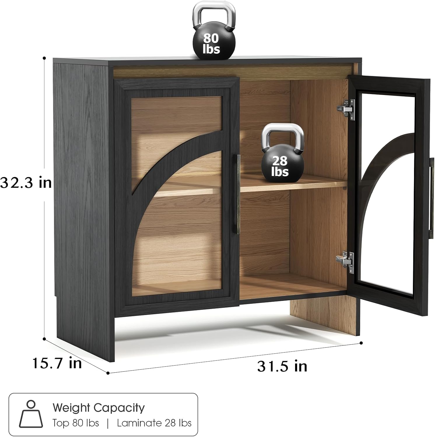 Black Arched Accent Cabinet with Glass Door and Adjustable Shelf K17041