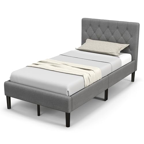 Grey Twin Upholstered Platform Bed with Button Tufted Headboard V38859