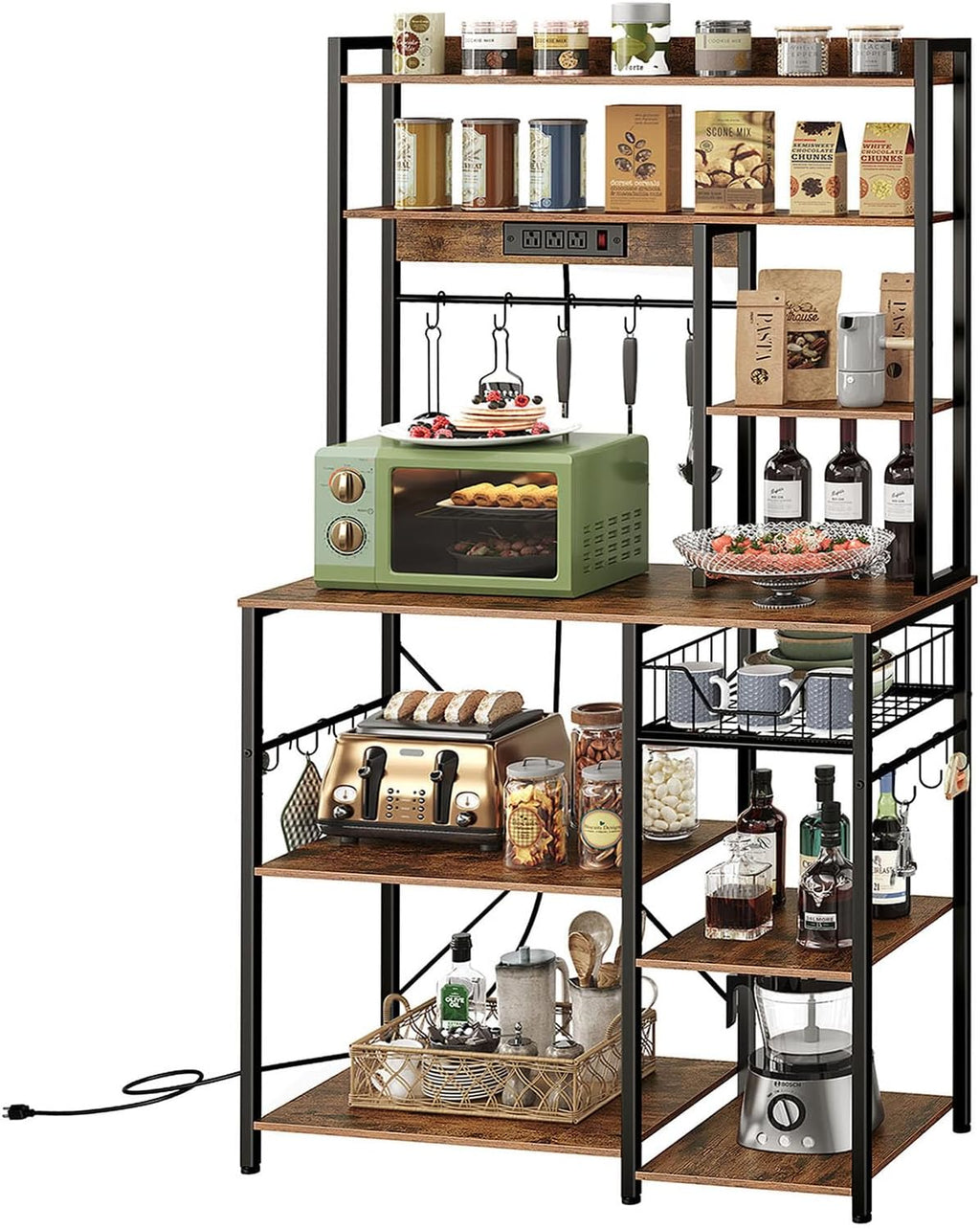 Rustic Brown and Black Floor Standing Bakers Rack with Power Outlet K65910