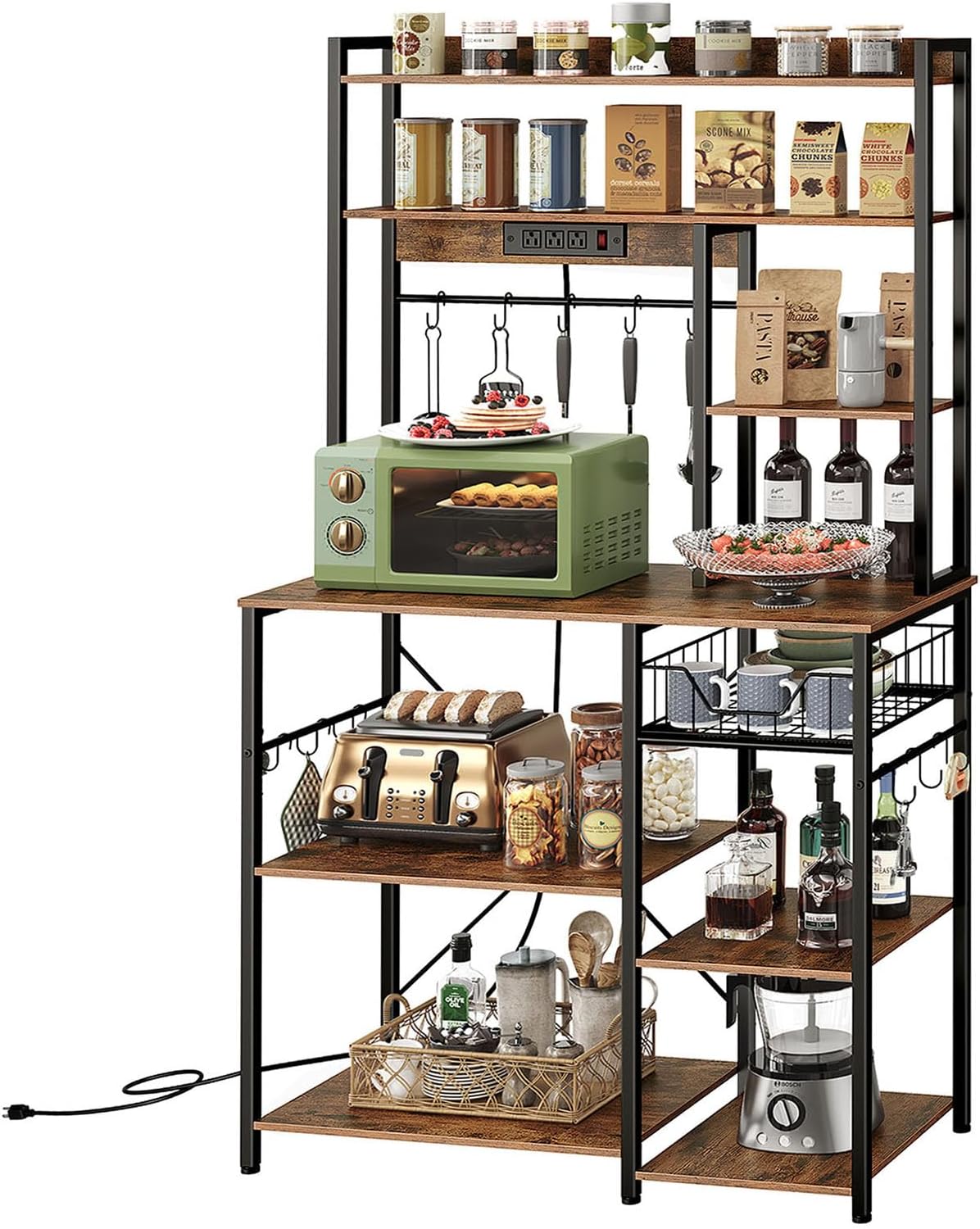 Rustic Brown and Black Floor Standing Bakers Rack with Power Outlet K65910