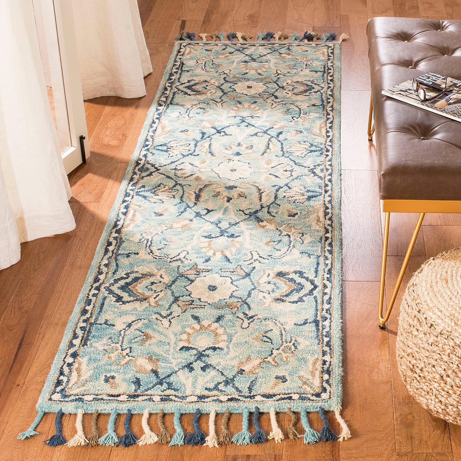 Blue/Ivory Handmade Wool Runner Rug L112