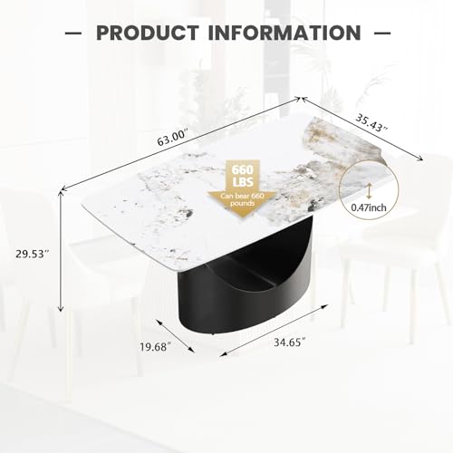 63" White Marble Sintered Stone Top Rectangle Dining Table with Black Carbon Steel Pedestal C776