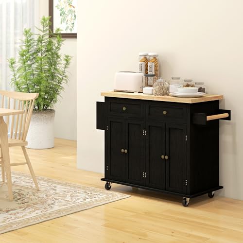 Navy Blue Kitchen Island on Wheels with Rubberwood Top Y70337