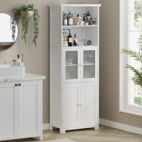 White Tall Bathroom Storage Cabinet with 2 Open Compartments and 2 Cabinets with Doors A5573