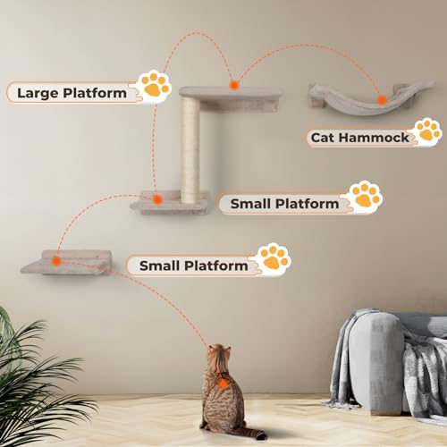 5 Pcs Wall-Mounted Cat Shelves with Sisal Scratcher Post H9401