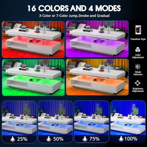 Black LED Coffee Table with Storage and Sliding Drawers Y819