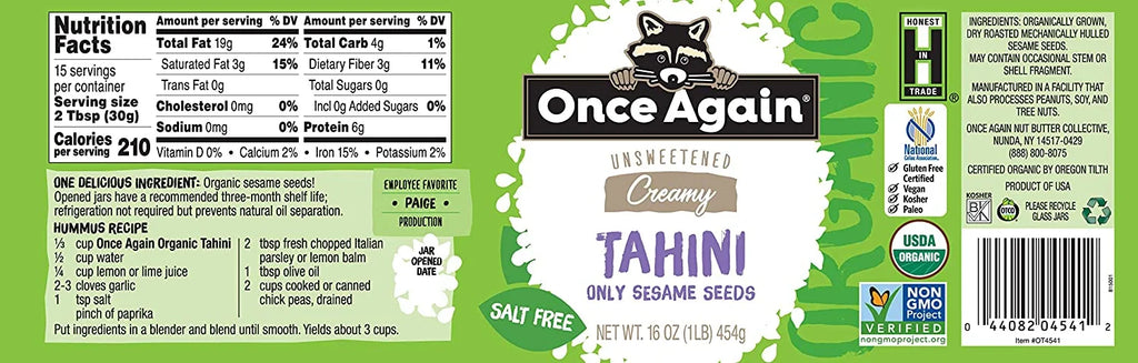 16 oz Pack of 4 Organic Unsweetened Tahini Creamy Sesame Seed X8831