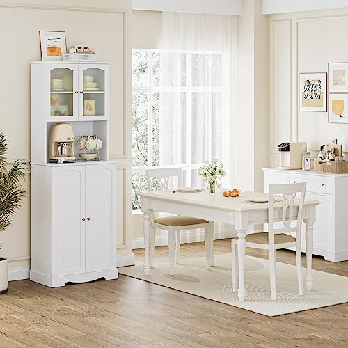 White Tall Storage Cabinet with Microwave Stand and Adjustable Shelves Q553
