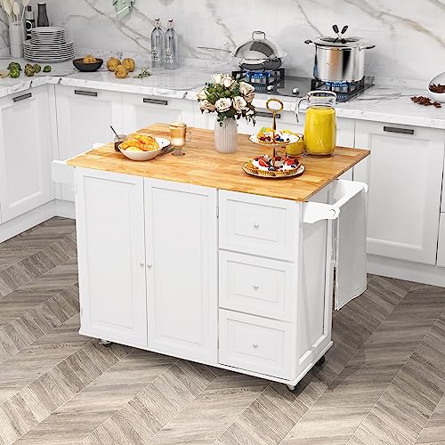 Kitchen Island with Stainless Steel Top, Rolling Kitchen Trolley Cart with Storage Cabinet, 3 Drawers, Towel & Spice Rack M683
