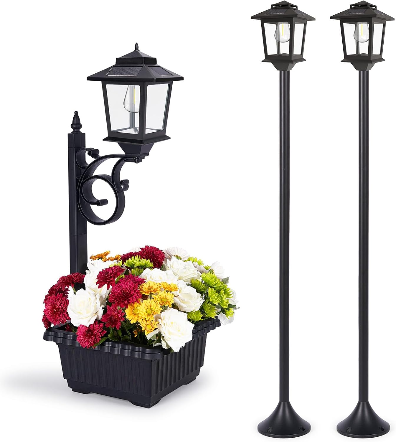 63" Aluminum Solar Lamp Post Lights Outdoor 2 Pack and 2 in 1 Outdoor Solar Lamp Post Light with Planter W1985