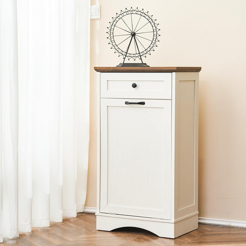 Antique White 13 Gallon Tilt Out Trash Cabinet with Drawer Wood F6301