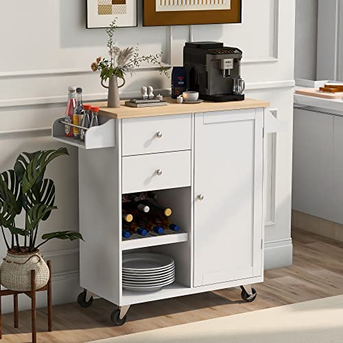 Kitchen Island Cart on Wheels with Storage, Rubberwood Top E22926