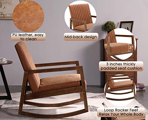 Leather Rocking Chair with Padded Seat Wood Frame Dark Brown PU T615