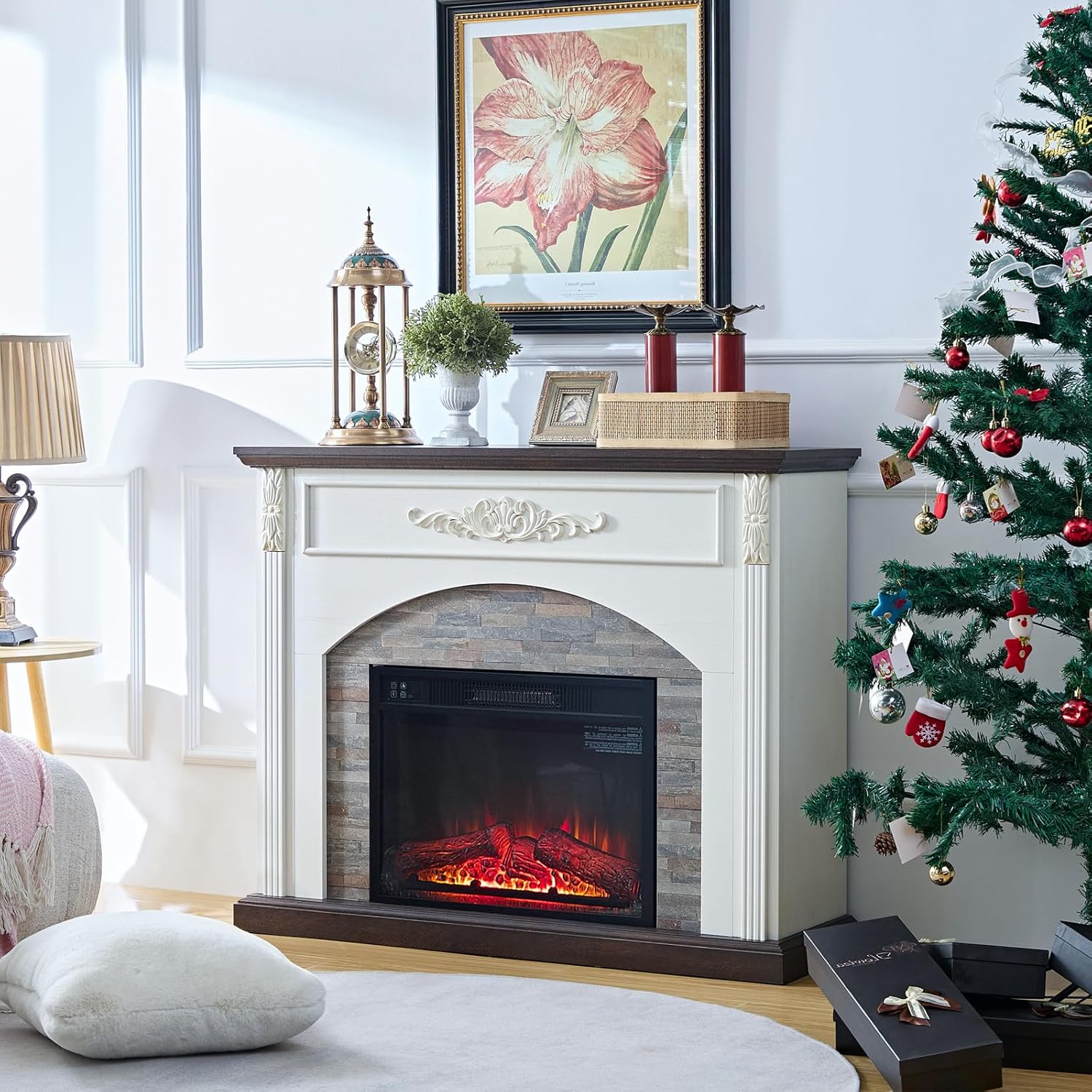 44 Inch Electric Fireplace with Mantel, Freestanding LED Flame Heater with Remote Control N40134